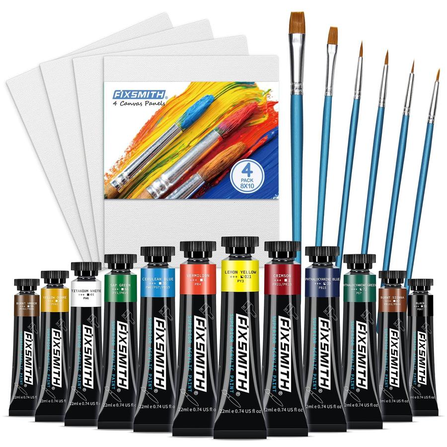 FIXSMITH 22 Pieces Canvas Painting Kit, Art Painting Supplies- 8×10 Canvas  Boards (4 Pcs) & 6 Paint Brush Pens & 12 Color Acrylic Paints (22ml – NEW  STYLE